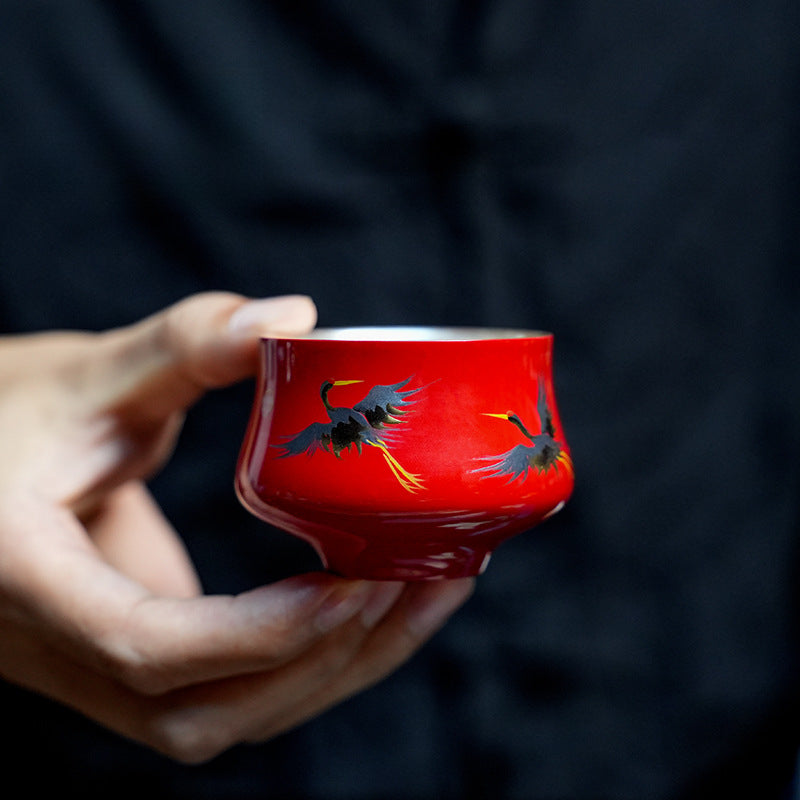 [Living Heritage] Silver-Lined Crane Lacquer Teacup