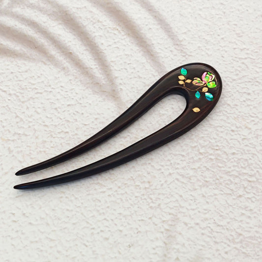 [Living Heritage] Floral Lacquer & Mother-of-pearl Inlay Sandalwood Hair Fork