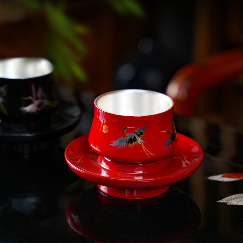 [Living Heritage] Silver-Lined Crane Lacquer Teacup